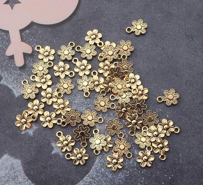Ruwado 50 Pcs Little Flowers Charms Metal Vintage Cute Vintage Small Flower Pendants for Jewelry Making Kit Bracelet Necklace DIY Making Crafting Project Accessories Supplies (Antique Gold)