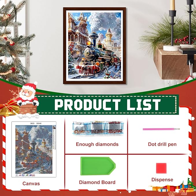 EMIEAUFG Christmas Diamond Art Kits for Adults, Christmas Train Diamond Paiting Kit for Beginners, 5D DIY Round Full Drill Craft Diamond Dot Gem Art, Home Wall Decor 12" x 16"