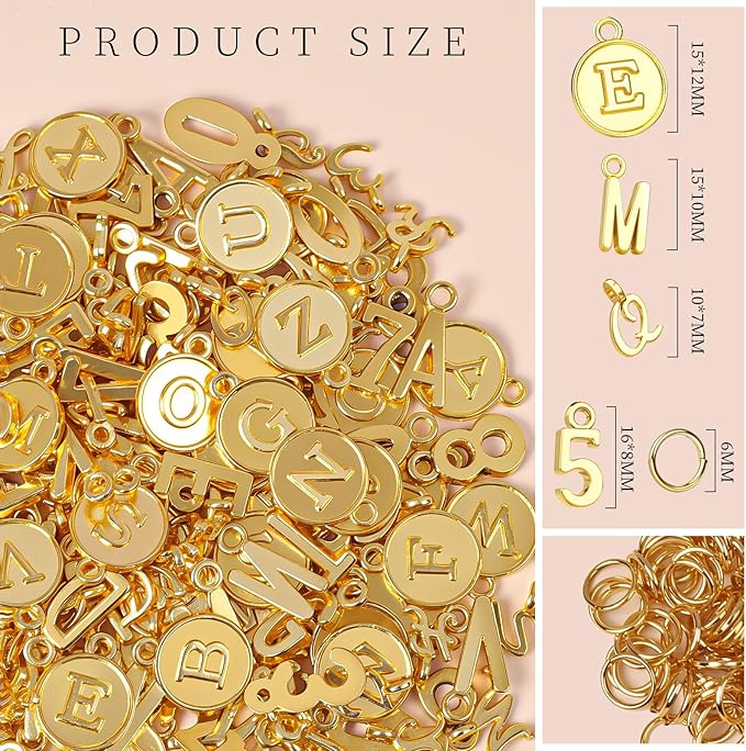 LEOBRO Letter Charms, 376 Pcs Gold Charms for Jewelry Making, Bracelet Necklace Charm & Jump Rings, Jewelry Making Supplies, Gold