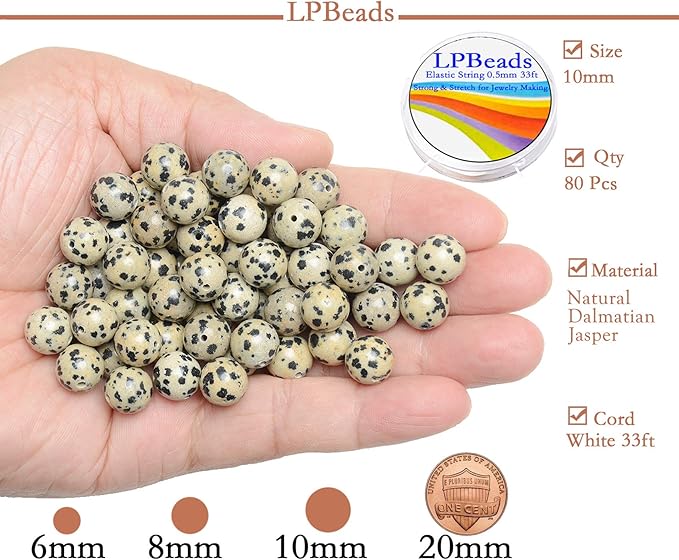 LPBeads 80Pcs Polished 10mm Round Natural Dalmatian Gemstone Loose Beads with Stretch Cord for Jewelry Making Bracelets