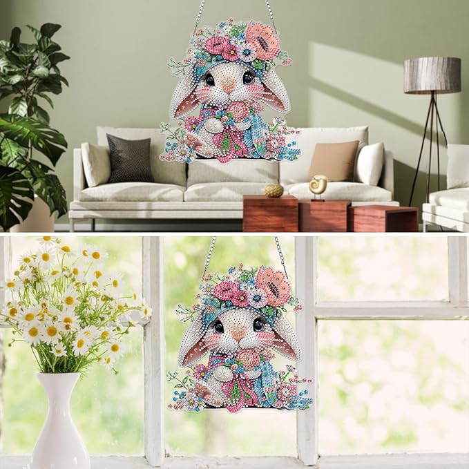 MXJSUA Diamond Art Hanging Kits for Adults Beginners, DIY Acrylic 5D Special Shaped Crystal Diamond Gem Art Painting Hanging Ornament for Home Wall Decor and Gift (Easter Bunny Flowers)