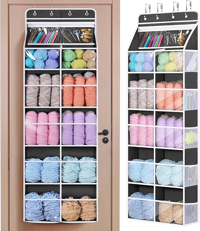 Univivi 6 Tiers Hanging Yarn Storage Organizer, Large Knitting Organizer with 12 Deep Clear Pockets & 10 Mesh Side Pockets, Over The Door Yarn Holder for Crochet Hooks, Knitting Needles, Dark Grey