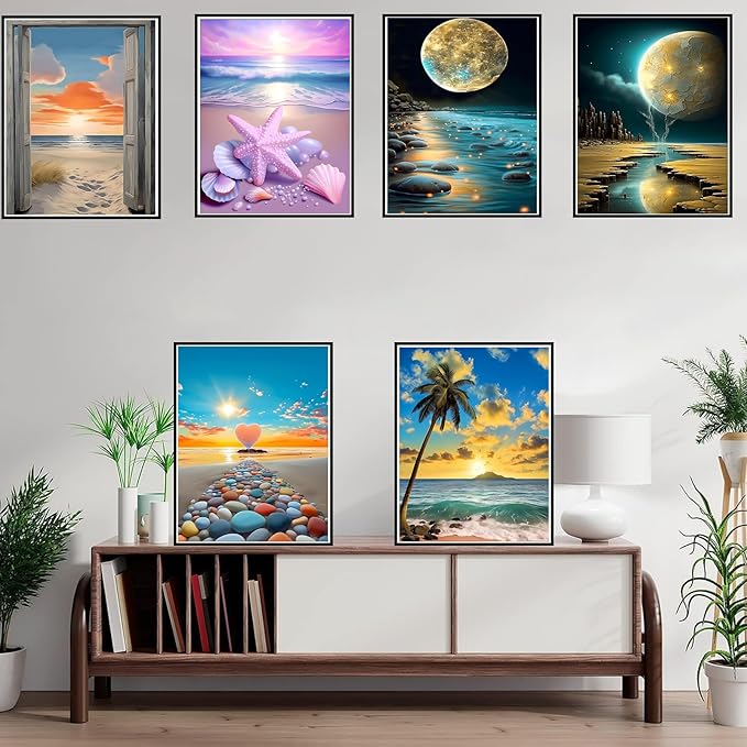 DOTZSO Diamond Art Kits for Adults 6 PCS, DIY Full Diamond Art kit with Crystal Cross Stitch Picture Art and Craft for Adult Beginners 12x16 Inches (Landscape Beach Moon Lake Dream)