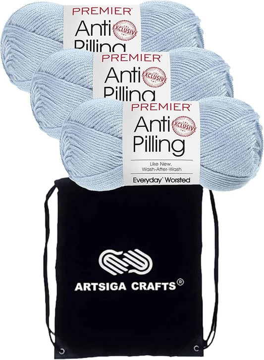 Premier Yarns Everyday Anti-Pilling Solid Quiet Blue DN100-48 (3-Skeins - Same Dye Lot) #4 Worsted Weight Acrylic Yarn for Crocheting and Knitting with Project Bag
