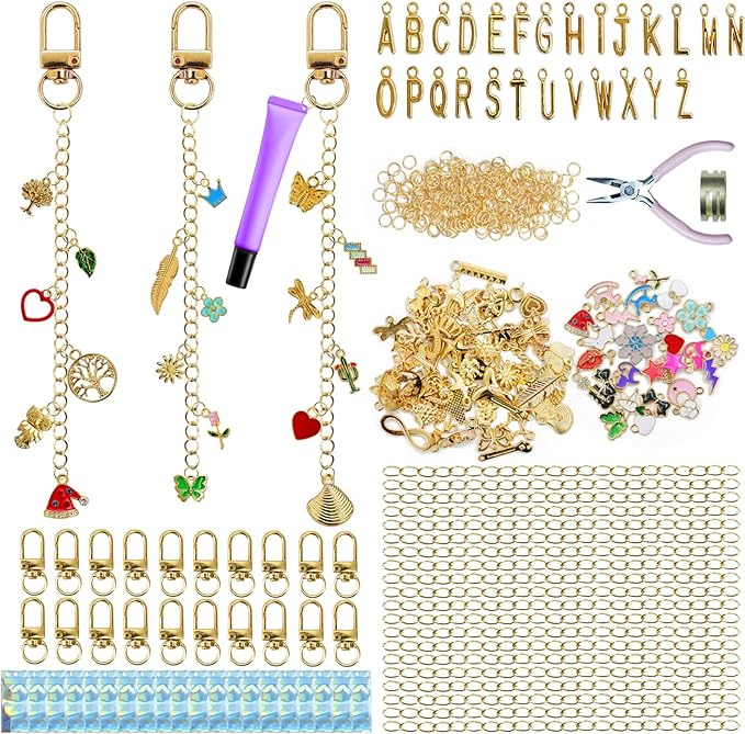 LEIOSAGN 408Pcs Lip Gloss Keychain Making Kit with 20 Keychain Clips, 20 Extender Chains, 106 Mixed Charms, 240 Jump Rings, Resealable Pouch Bags, Plier, Jewelry Making Supplies for DIY