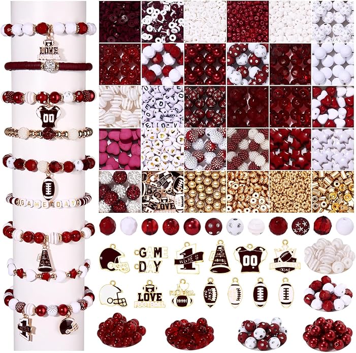 2200PCS+ Game Day Beads Charms for Bracelet Making Polymer Clay Beads Crystal Pearl Letter Gold Spacer Beads Football Charms for Game Day Bracelet Necklace Making DIY Crafts