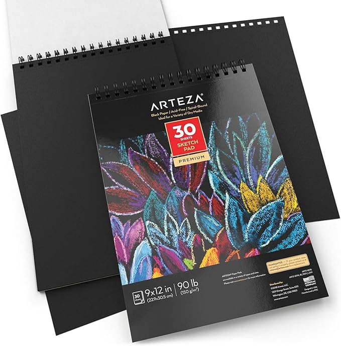 ARTEZA Spiral Sketch Book 9x12 Black Art Paper Drawing Pad 2 Pack 30 Sheets Sketch Pads for Drawing