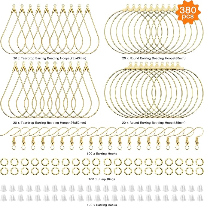 380pcs earring making kit for jewelry making, with teardrop round beading hoop,earring hooks,jump rings,earring backs for diy earrings jewelry craft supplies(k gold, 2 sizes)