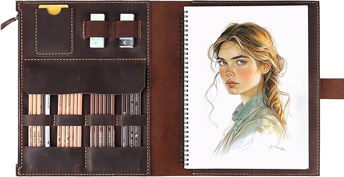 Leather Sketchbook Cover for A4/9"x12" sketch pads - Handmade Genuine Leather Artist Case with Pencil Holder & Zipper Pocket, Professional Drawing Supplies (D.Brown, 9"x12")