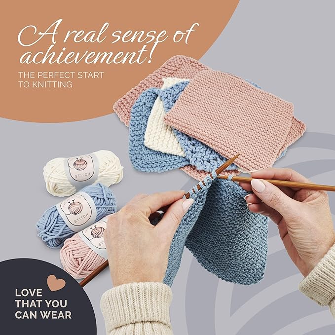Thoughtful Stitch Knitting Kit for Beginners Adults & Kid Friendly- Complete Knitting Kit - Learn to Knit Yarn Set with Tutorial Book for Adult Hobbies - 100% Cotton Wool & Bamboo Knitting Needle