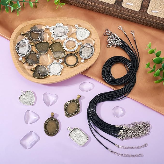 Bestewelry Pendant Trays Kit Vintage Alloy Bezel Pendant Trays Charms Set with Glass Cabochon and Adjustable Necklace Cords for DIY Crafts Jewelry Making Resin Art Party Favor