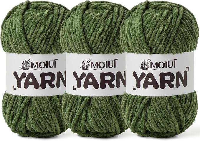 3 Pack Fluffy Chenille Yarn for Crocheting, Chunky Velvet Yarns for Crochet Amigurumi, Baby Yarn for Crocheting Soft Blanket, 262.4yds /10.5 oz Bulky Yarns for Crafts/Hats/Shoes/Socks (3 Army Green)