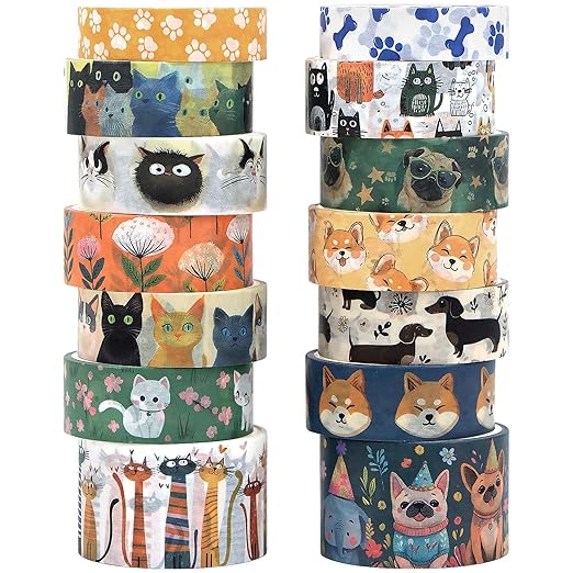Washi Tape Set 14 Rolls, Cute Animal Decorative Tape, Cats Puppies Pugs Designs Washi Tapes for Scrapbooking Supplies, Journaling Supplies, Crafts