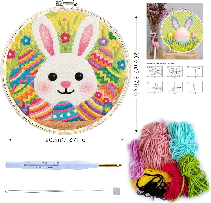 QBQBQ 4 Sets Easter Punch Needle Kits Adults Beginner, Easter Embroidery Kit with Printed Pattern and Bamboo Hoop, Festival Gift and Decoration