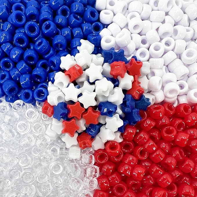 MIIIM 1000PCS 6x9mm Patriotic Pony Beads Bulk, 7 Styles Red White and Blue Kandi Beads for Bracelets Making Kit, Hair Braids Crafts for Jewelry Making (4th of July)
