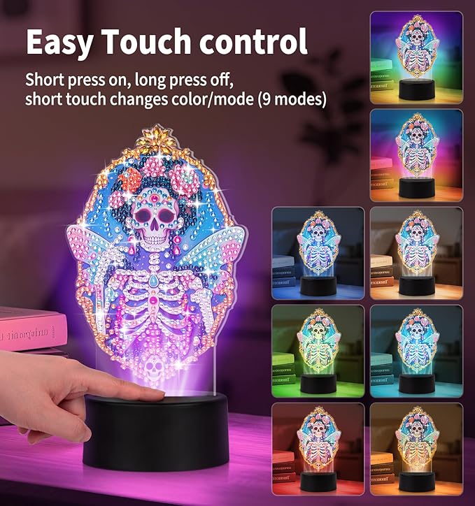 ALKALO Diamond Painting Night Light, Diamond Painting Kits for Adults Desktop Ornaments for Table Tabletop Decor Diamond Art Accessories for Adult Beginner Touch Lamp for Bedrooms Living Room-Skull