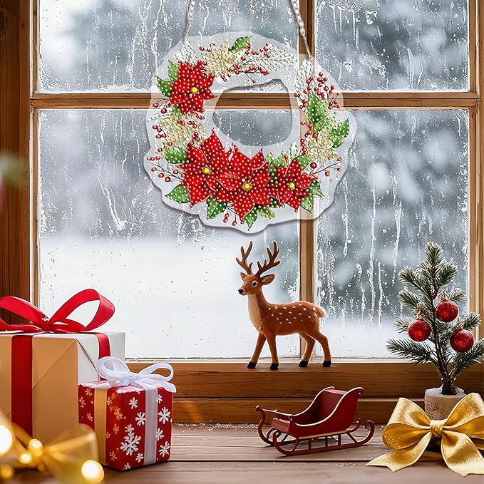 EMIEAUFG Christmas Diamond Art Hanging Kit for Adult, Xmas Garland Diamond Art Pendants, Double Sided Acrylic & 5D Special Shaped Rhinestone, Christmas DIY Ornament for Window Home Wall Decor