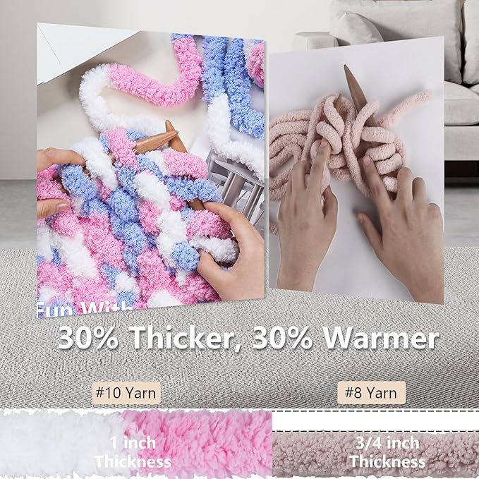 Chunky Yarn for Hand Knitting - #10 Chunky Chenille Blanket Yarn, Jumbo Big Thick Chunky Yarns for Crocheting, Tie Dye Bulky Knit Yarns, 8 Skein (25 yds 8 oz Each Skein), Purple & Grey & Sky