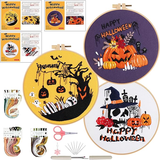 Ohcol 3 Sets Halloween Embroidery Kit,Needlepoint Kits for Adults with Clear Instructions