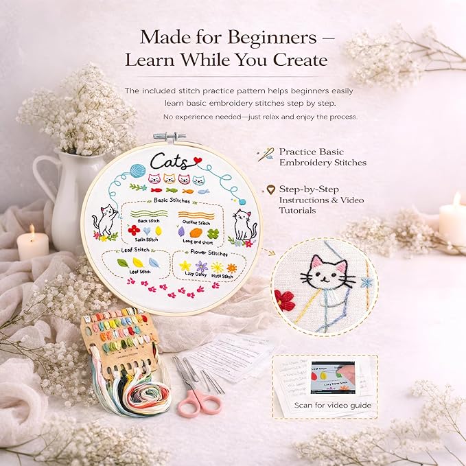 Peonfly Cat Embroidery Kit for Beginners, 4 Pack Stamped Embroidery Starter Kit with 4 Hoops, 9 Stitch Types Practice Sampler, Animal Floral Wall Hanging Décor (Value Pack)