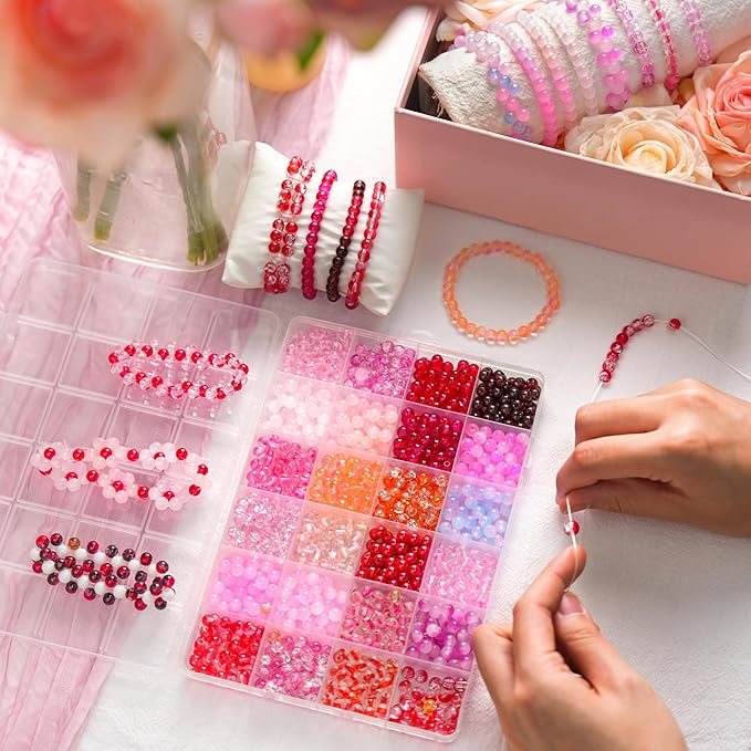 1200PCS 6mm Pink Glass Beads for Bracelets, 24 Colors Red and Pink Series Crystal Beads Bracelet Making Kit and Jewelry Making, Round Bracelets Beads for Friendship Bracelets Necklace DIY Crafts
