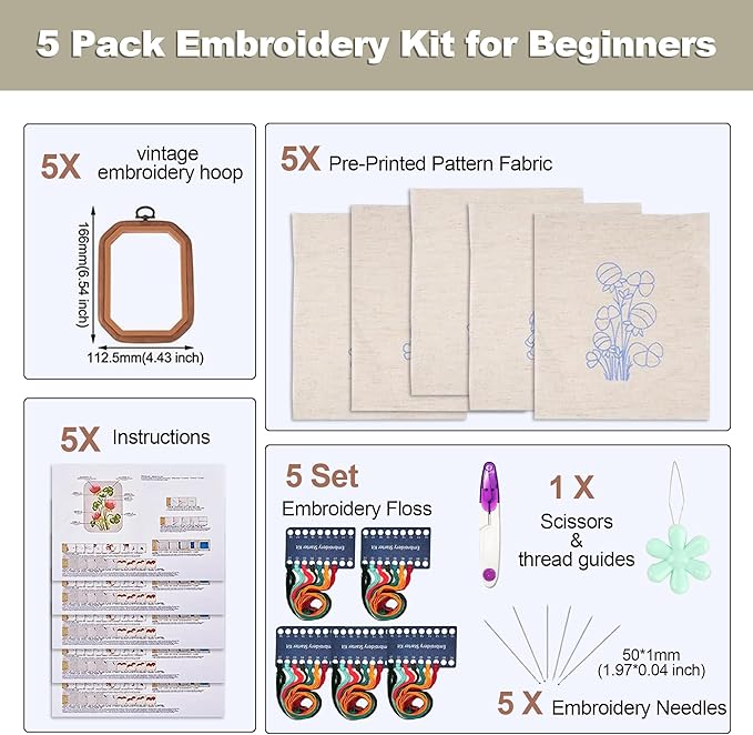 QBQBQ 5 Pack Octagon Flower Embroidery Starter Kit 7.9×5.9inch Vintage DIY Embroidery Kits for Adults Stamped Needlepoint Set with Step-by-Step Instructions Colorful Threads Craft Lover Gift