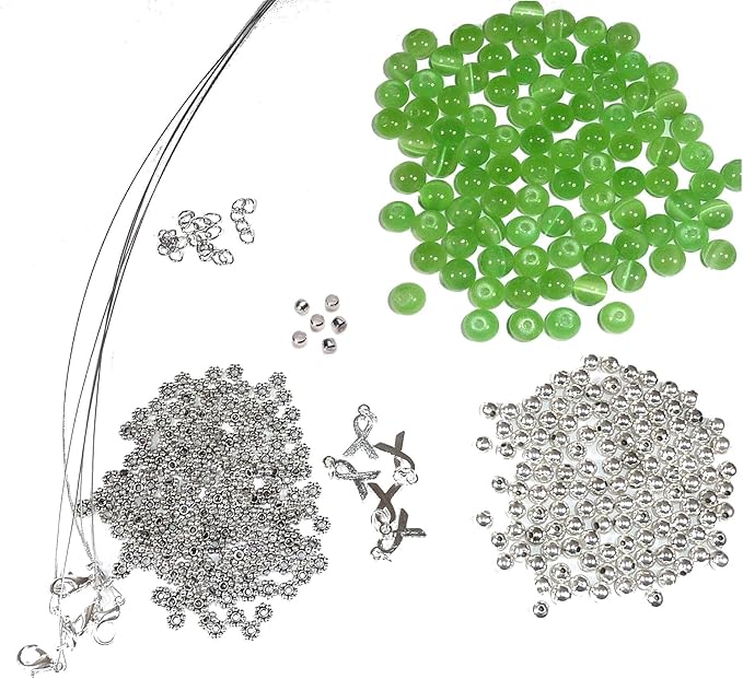 Hidden Hollow Beads DIY Craft Beading Kit, Everything to Make Cancer Awareness Bracelets, Uses Wire, Crimps and Clasps, Fundraising and Gifts (Liver, Lymphoma - Mint Green - Makes 5)