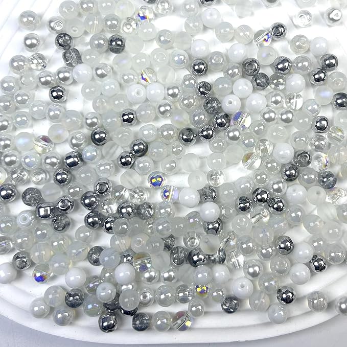 300pcs 6mm Glass Beads, Assorted Glass Beads for Jewelry Making, White Series Round Spacer Bead Kit for Bracelet Necklace DIY Craft
