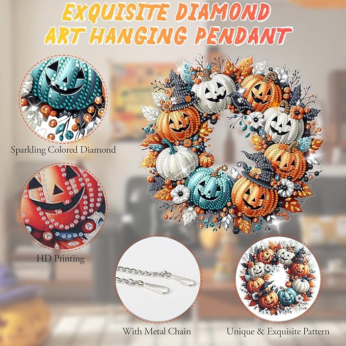 GAYISIC Diamond Art Hanging Kit for Adult, Double Sided 5D Acrylic Diamond Art Painting Window Pendants，DIY Acrylic Diamond Art Painting Window Pendants Home Garden Wall (Halloween Pumpkin)