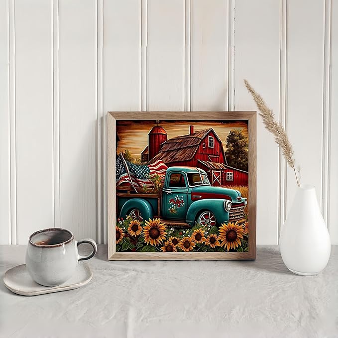 Diamond Art Kits for Adults Truck, DIY 5D Diamond Painting Kit for Beginners Farm, Sunflower Full Round Drill Gem Art Dots for Adults, Diamond Dots Paintings Crafts Home Wall Decor 14X14 Inch