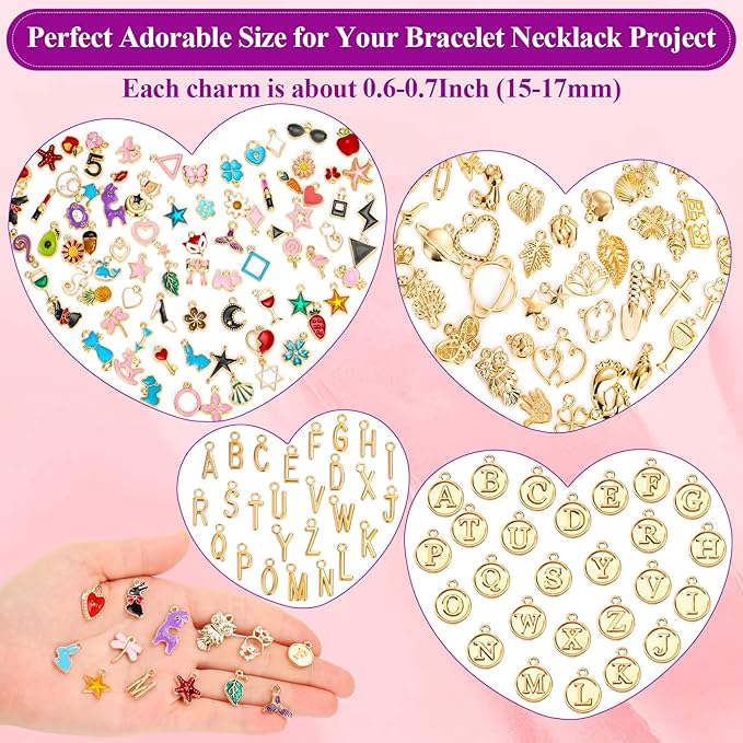 Modacraft 3 Types 172 Pcs Charms for Jewelry Making with Jump Rings, Bulk Enamel KC Letter Charm for DIY Necklace Bracelet Earring Craft Supplies