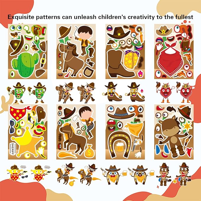 24 sheets western cowboy stickers, make your own cowboy hat boots cactus decals for kids, make a face sticker, art craft party favor supplies