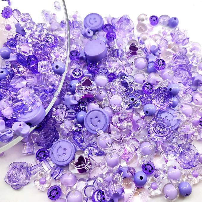 450Pcs Purple Series Acrylic Assorted Beads Flower Heart Star Smile Butterfly Mickey Candy Pastel Beads Plastic Cute Round Bead Bulk for Bracelets Jewelry Making Necklaces DIY Crafts