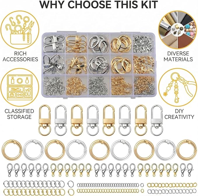 Key Chain Keychain Making Kit Accessories 540pcs Gold and Silver Bag Charm Clip Rings,Keychain Clip Clasps,Lobster Clasps, Jump Rings,Key Chains for DIY Bag Charm Making Kit Jewelry Craft Supplies