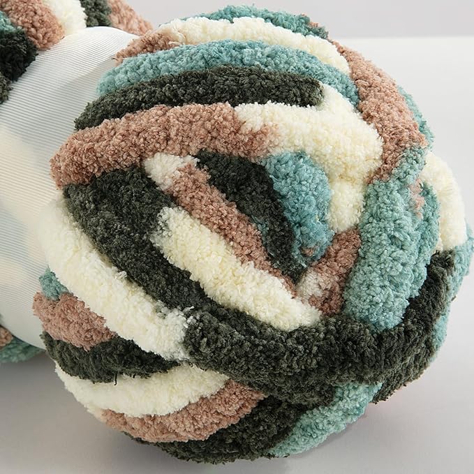 HOMBYS Chunky Tie Dye Mix Chenille Yarn for Hand Knitting, Super Bulky Jumbo Yarn for Crocheting, 3/4" Thick Soft Plush Yarn for Blankets, 8 Skein Pack (26 yds / 7.5 oz Each) Green,White Multi