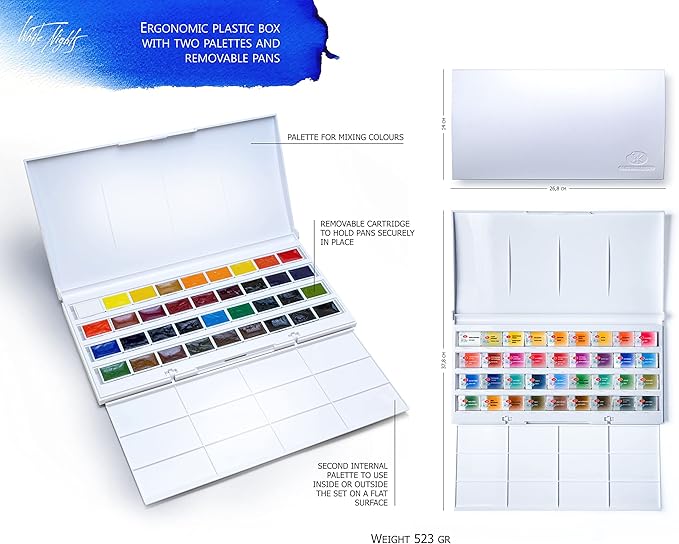 White Nights Professional Watercolor Set 36 Full Pans of Extra Fine Artist Grade Pigments, Vibrant Lightfast Colors in Durable Plastic Box by Nevskaya Palitra