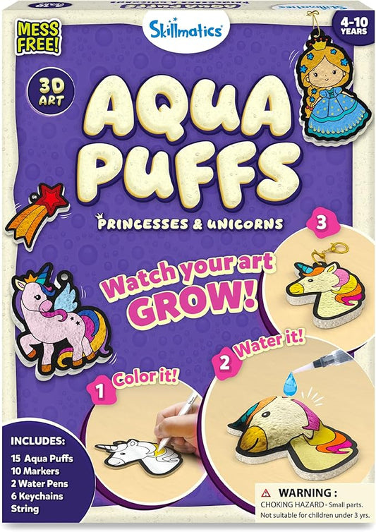 skillmatics 3d art kit - aqua puffs princesses & unicorns, mess-free paint by number craft for kids, diy color & inflate activity, travel & creative gift for girls & boys ages 4, 5, 6, 7, 8, 9, 10