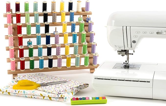 Dritz Wooden Thread Rack – Holds 60 Spools – Wall-Mount or Free-Standing with Pull-Out Legs – Wood Organizer for Sewing, Quilting, & Hair Braiding