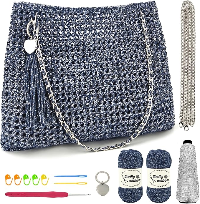Herally Crochet Kit DIY for Beginners - Include Yarn, Hook and Accessory - with Step by Step Video Tutorials - Shining Tote Bag (Navy Blue)