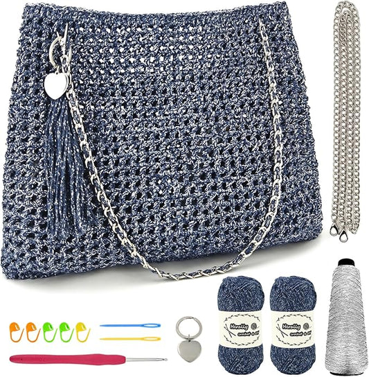 Herally Crochet Kit DIY for Beginners - Include Yarn, Hook and Accessory - with Step by Step Video Tutorials - Shining Tote Bag (Navy Blue)