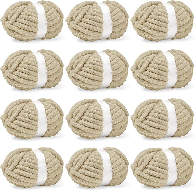 Inhand 12 Pack Chunky Chenille Yarn for Crocheting–30.6 Yards, 7.7oz, Soft Fluffy Thick Yarn,Gifts for Women/Grandma/Men Birthday Christmas Unique,Hand Knitting for Blankets&DIY Crafts (Khaki)