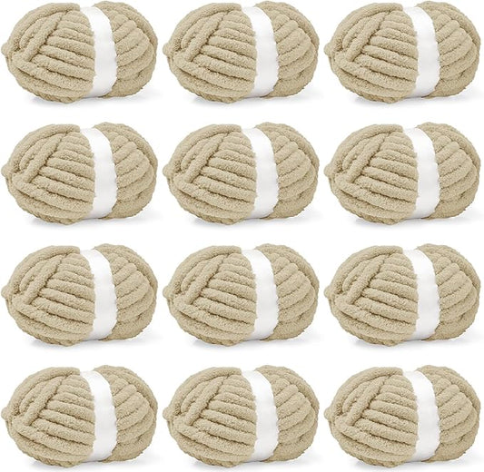 Inhand 12 Pack Chunky Chenille Yarn for Crocheting–30.6 Yards, 7.7oz, Soft Fluffy Thick Yarn,Gifts for Women/Grandma/Men Birthday Christmas Unique,Hand Knitting for Blankets&DIY Crafts (Khaki)