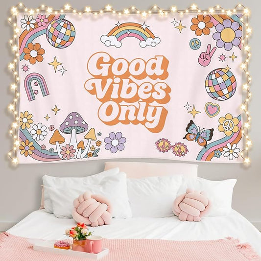 HunnmingRe 60" x 40" Pink Tapestry Coquette Pink Aesthetic Bedroom Hanging Wall Art Preppy Tapestry Decor Kit Cute Room Decoration for Women Girls Room Dorm Apartment (Good Vibes Only)