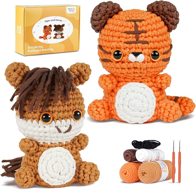 MOREJMTT Crochet Kit for Beginners, Learn to Crochet, Include Easy Knitting Soft Yarn, Step-by-Step Video Tutorial, Hook, Holiday Birthday Gift for Adults (Tiger & Stallion)