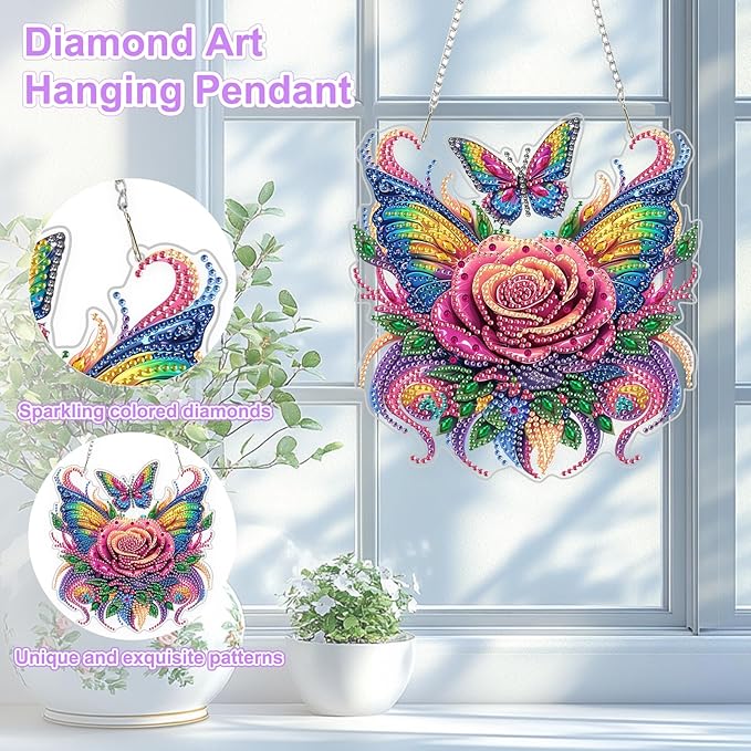 TOSTOG Flower Diamond Art Hanging Kits for Adults, Butterfly Diamond Painting for Adults Window Pendant, Special Shape Diamonds Diamond Painting Hanging Pendant Kit for Decor Gift