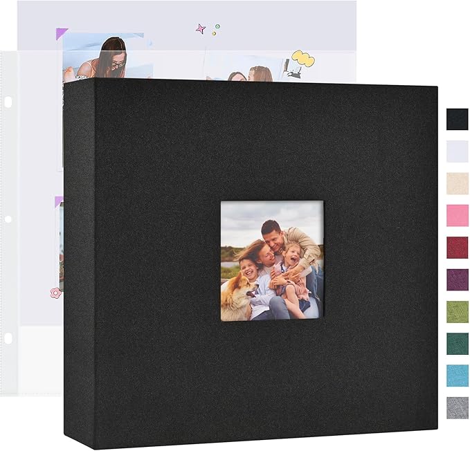 Mublalbum 10x10 Inch DIY Scrapbook Photo Album with 40 Plastic Sleeves 80 Pages Linen Cover 3 Ring Folder Binder for Wedding Baby Family and DIY Projects (Black)