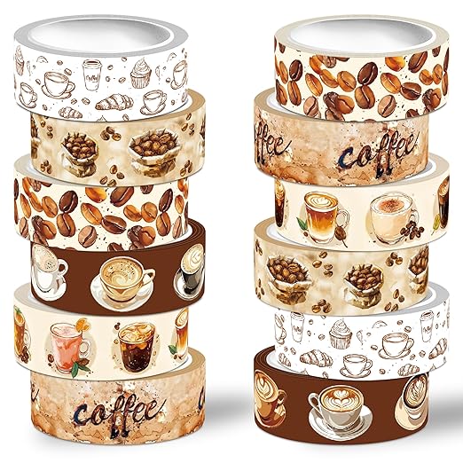 12 Rolls Washi Tape Set,6 Design Coffee Themed Decorative Tape Vintage Watercolor Brown Cafe Masking Tape for Journaling Supplies, Junk Journal, Scrapbooking, DIY Arts & Crafts, Gift Wrapping