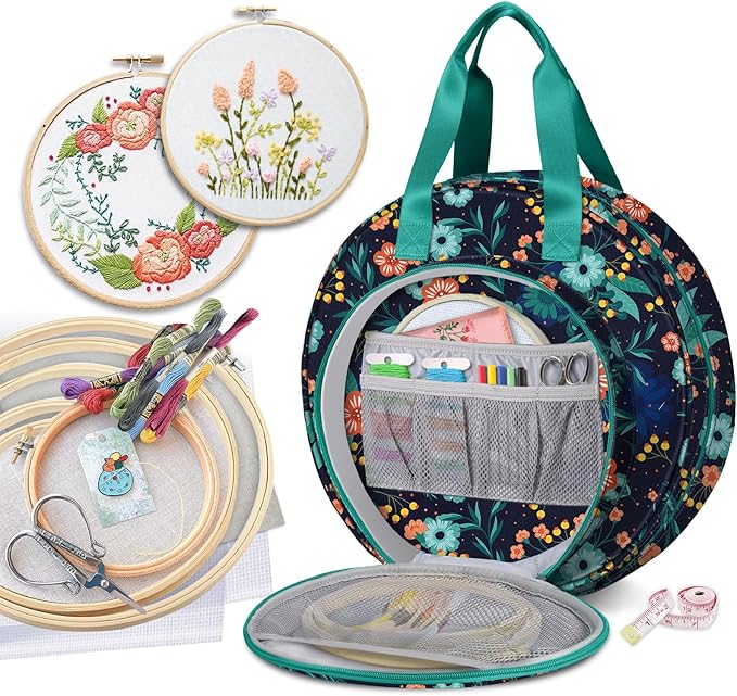 FINPAC Embroidery Project Bag, Embroidery Supplies Storage Carrying Tote Case with Multiple Pockets for Floss, Hoops, Thread, Stitch Tools Kit [Bag Only], Navy Bloom