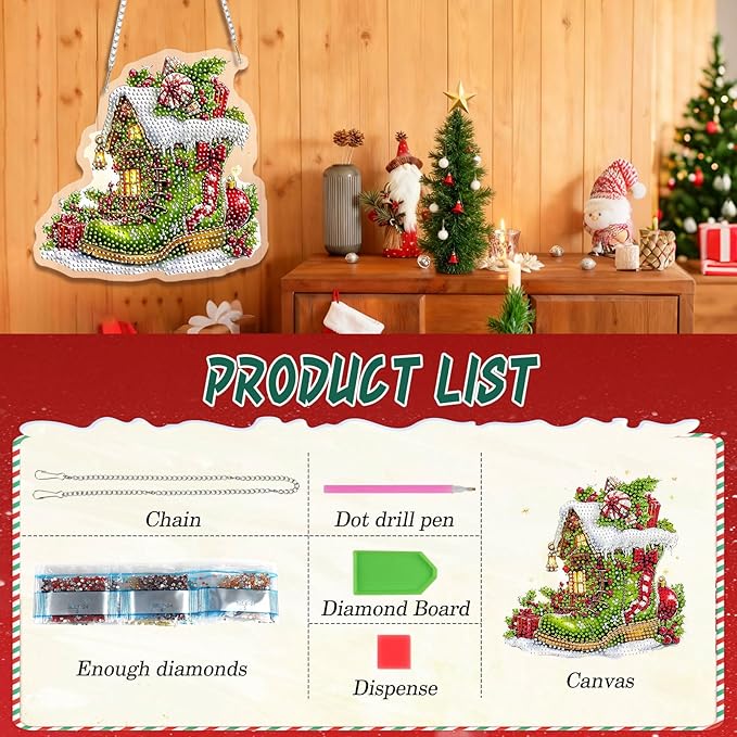 EMIEAUFG Christmas Diamond Art Hanging Kit for Adult, Xmas Boots Diamond Art Pendants, Double Sided Acrylic & 5D Special Shaped Rhinestone, Christmas DIY Ornament for Window Home Wall Decor