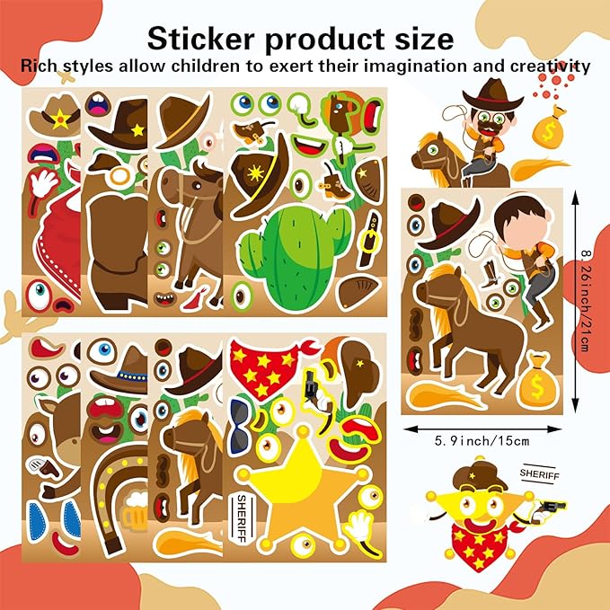 24 sheets western cowboy stickers, make your own cowboy hat boots cactus decals for kids, make a face sticker, art craft party favor supplies